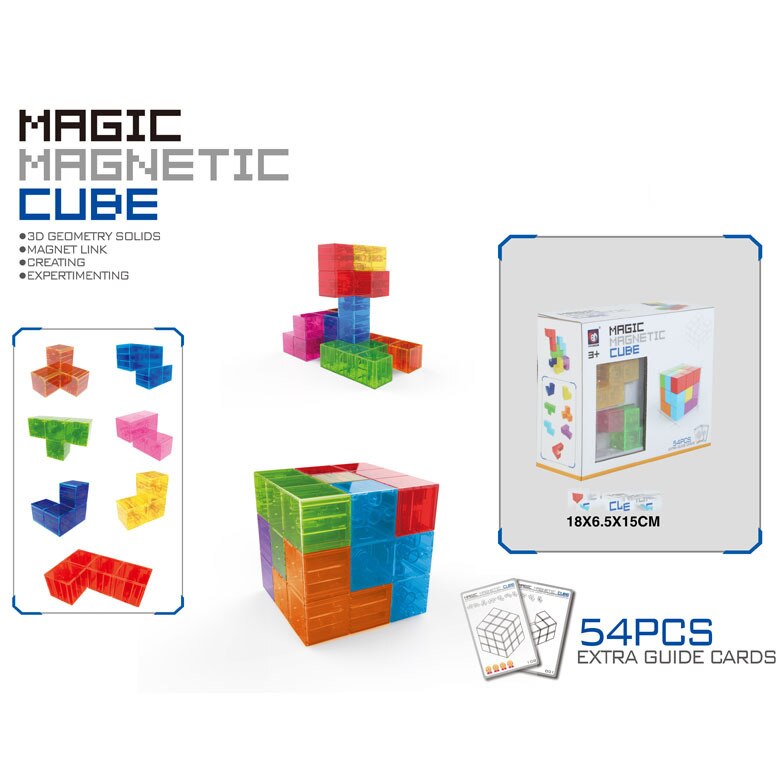 Transparent Magnetic Cube Decompression Puzzle 3D Assembling Variety Magnetic Building Block Toys 7 + 54 Cards